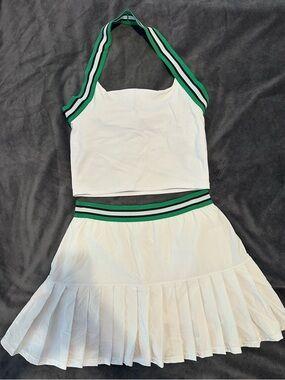 White Pleated Mini Skirt and halter top with Green Stripe Waistband